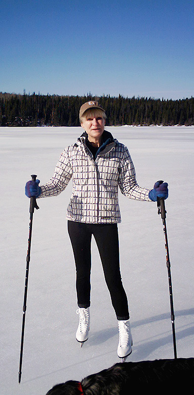 Marie Macchi discovered nordic skating on the lake in ideal conditions, which were the result of the hot days and chilly nights during the recent spring break. — image credit: Sharron Woloshyn
