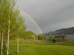 A sunny break displayed 2 faint rainbows next to this bright exhibition