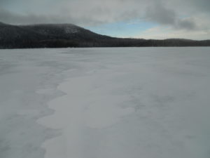 6 - 8" of ice, dotted with shallow snow drifts